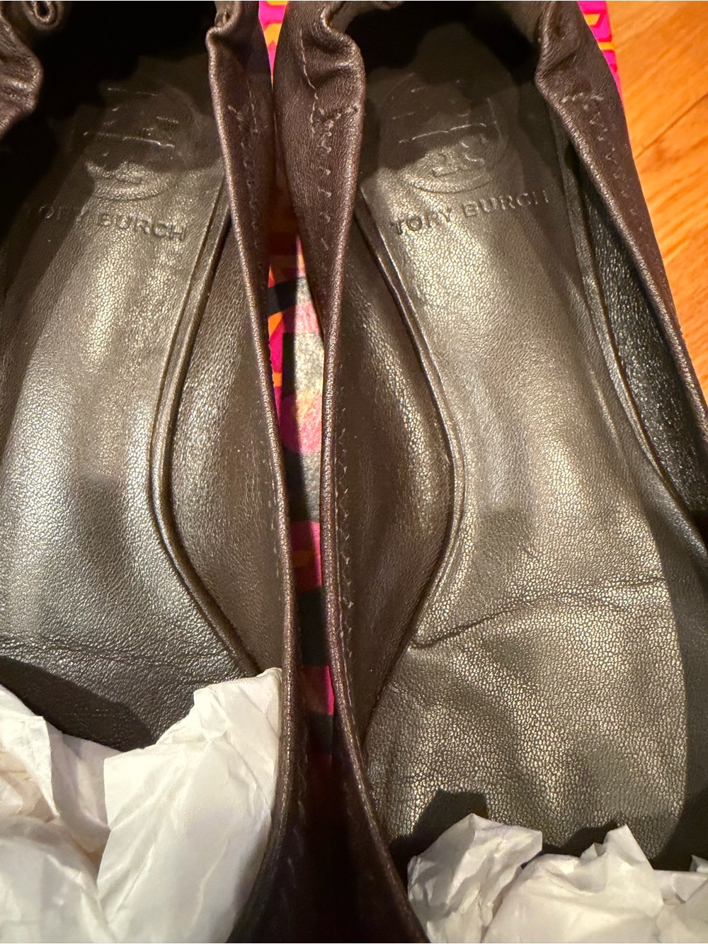 Tory Burch Dark Brown Reva Flats with Tortoiseshell Logo - Picture 7 of 9